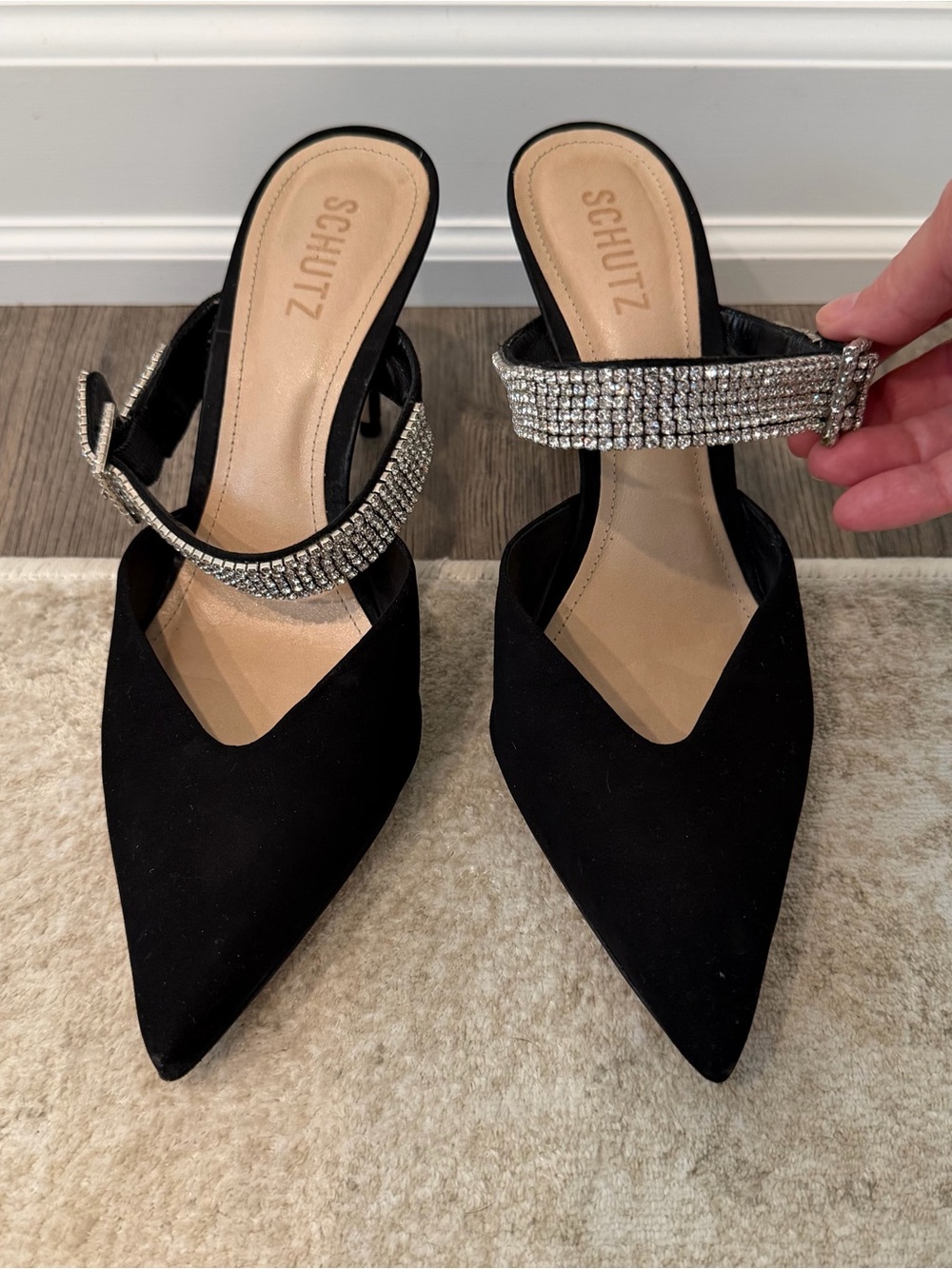 SCHUTZ Black Pointed-Toe Mules with Rhinestone Ankle Straps